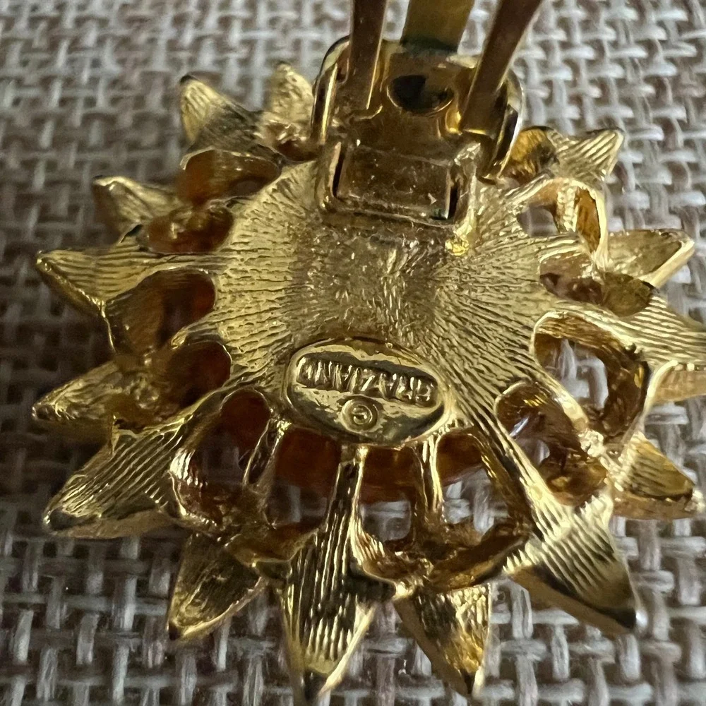Graziano Vintage Sunflower Clip On Earrings Gold Amber Enamel 1.25